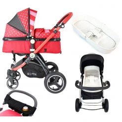 2 IN 1 Prams ISafe Baby Pram System 2in1 - Bow Dots Complete With Bedding, Orgainser & Rain Cover