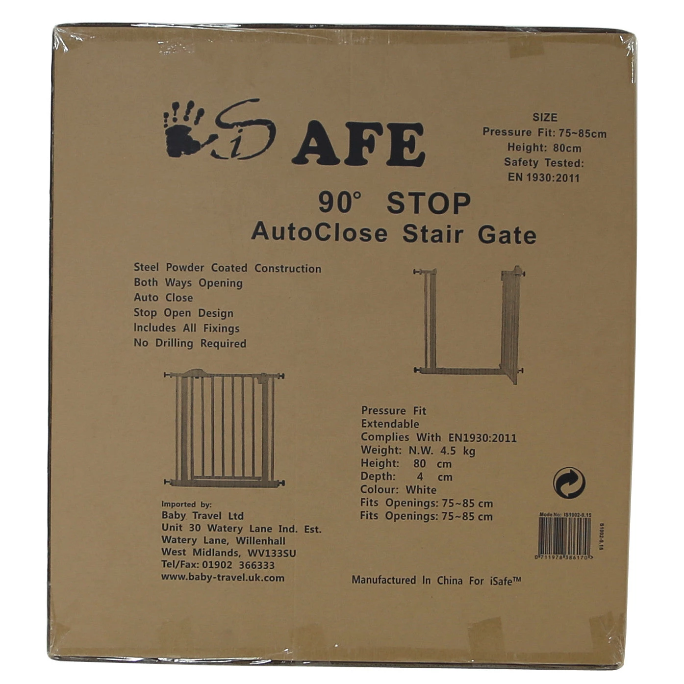 ISafe Safety Stair Gate 90° STOP OPEN & Auto-Close StairGate (10 Cm Extension Included)