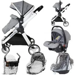 Marvel Travel System Pram Dove Grey (Car Seat + X2 Rain Covers + Parent Console) 3 In 1 Pram Systems