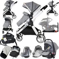 3 In 1 Pram Systems Marvel Pram Travel System Dove Grey (Car Seat + X2 Rain Covers + X2 Foot Muff + Parent Console + Changing Bag + ISOFIX Base)