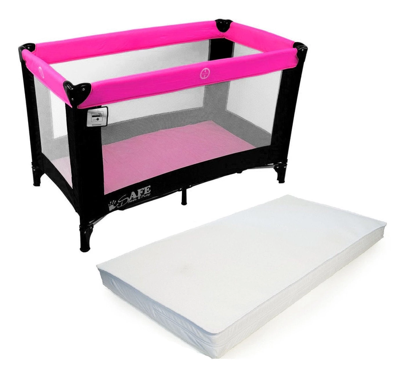 Rest & Play Collection ISafe Rest & Play Luxury Travel Cot Playpen (Black/Pink) 120 Cm X 60 Cm Complete With Mattress