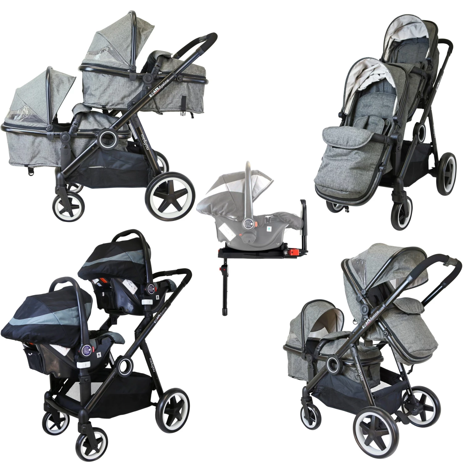 ISafe Tandem Double Pram Travel System - Harmony + X2 Carseat + X2 Isofix Base + Bag